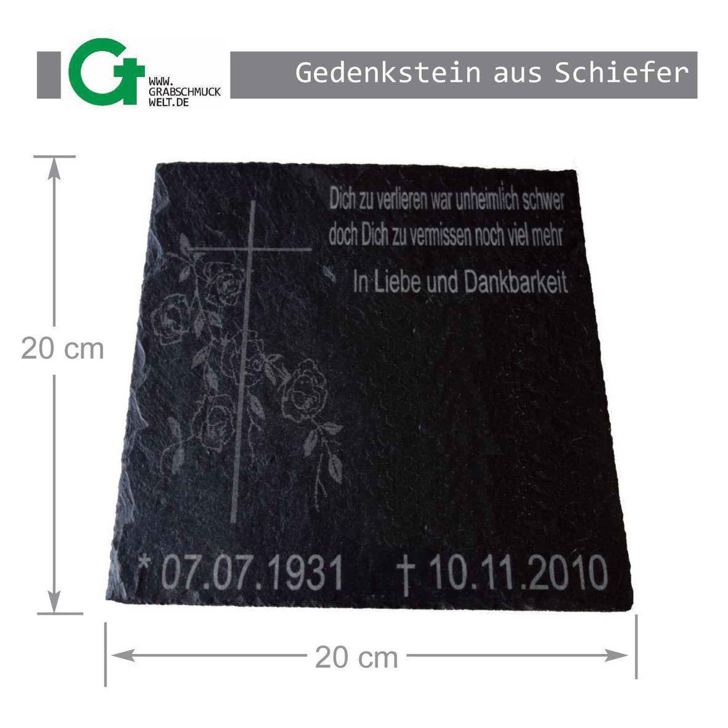 Gedenkstein aus Schiefer, 20 x 20 cm-GrabschmuckWELT