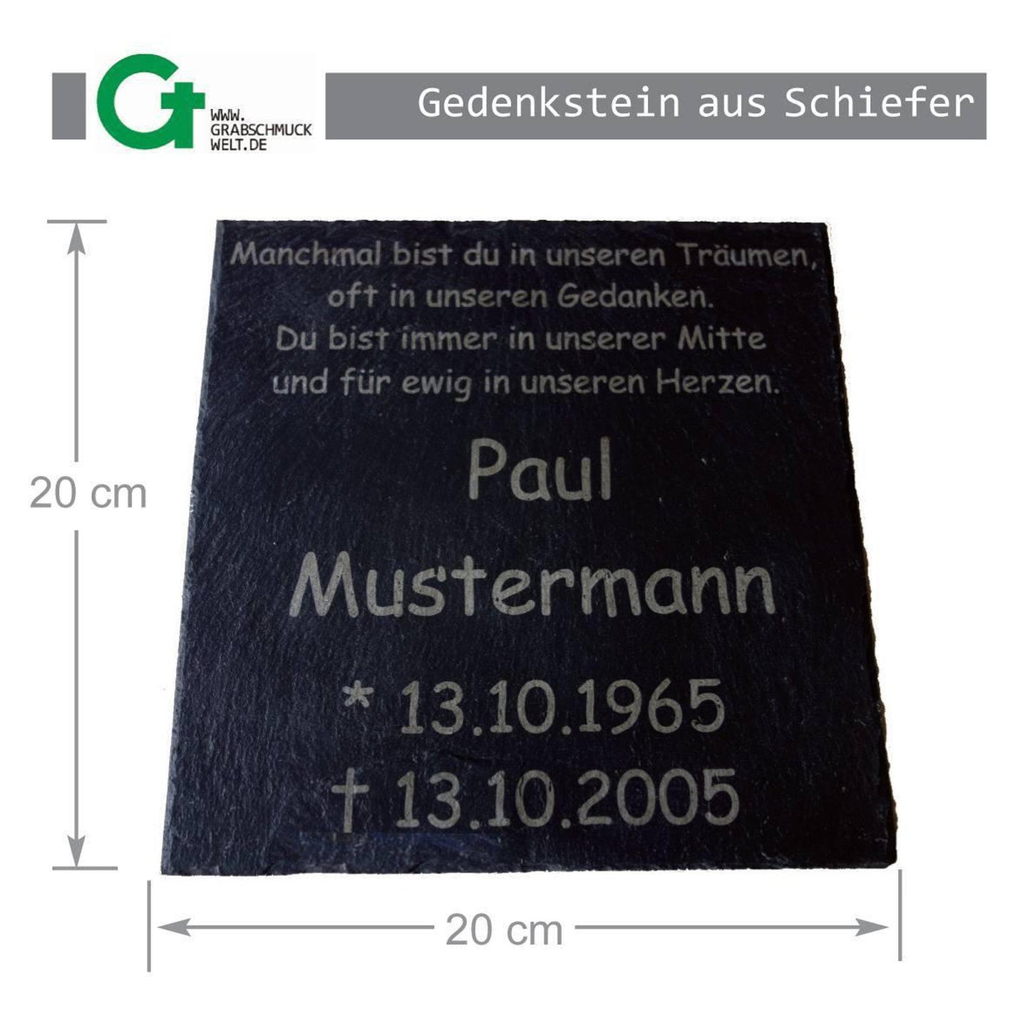 Gedenkstein aus Schiefer, 20 x 20 cm-GrabschmuckWELT